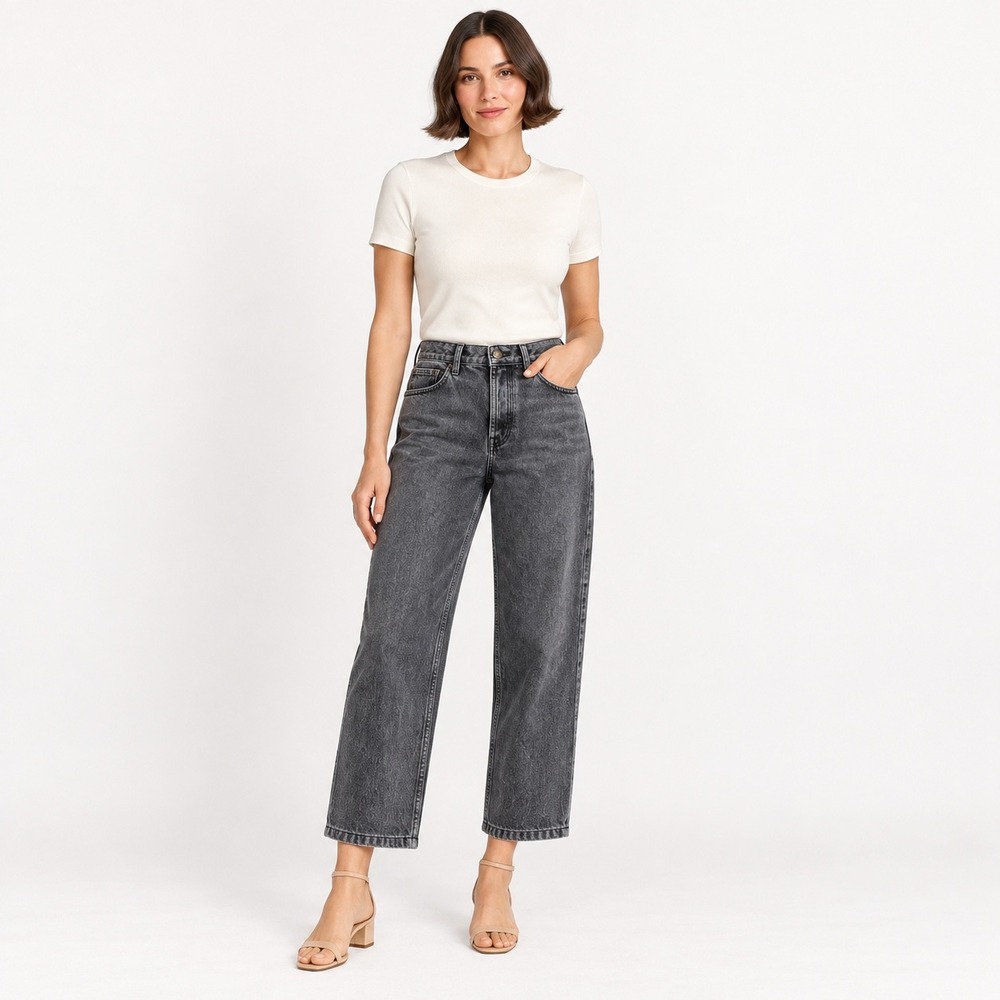 Sezane Le Crop Jeans Size 31 Washed Black High Rise Straight Wide Leg Denim